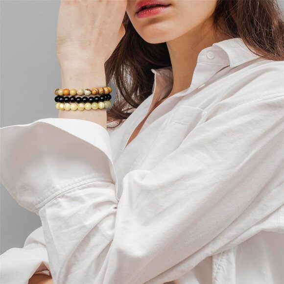 3PCS Yellow Jade Healing Crystal Natural Stone Beaded Stretch Bracelet for Women - Picture 2 of 6